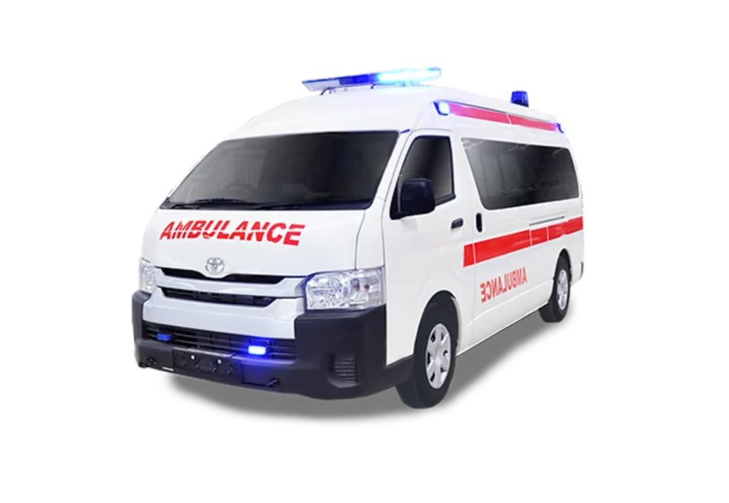 Regular ambulance van parked, ready to provide emergency services through DRDU car booking platform.