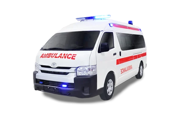 Regular ambulance van parked, ready to provide emergency services through DRDU car booking platform.